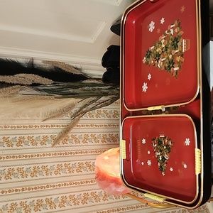 Vintage Laqueur Ware Tray Trio Habd Decorated bt Artmqrk Chicago LTD 1985 Red